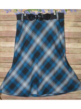 Cato Woman 22/24W Mod Plaid Swing Skirt Midi Aqua Blue Gray Black Statement Belt